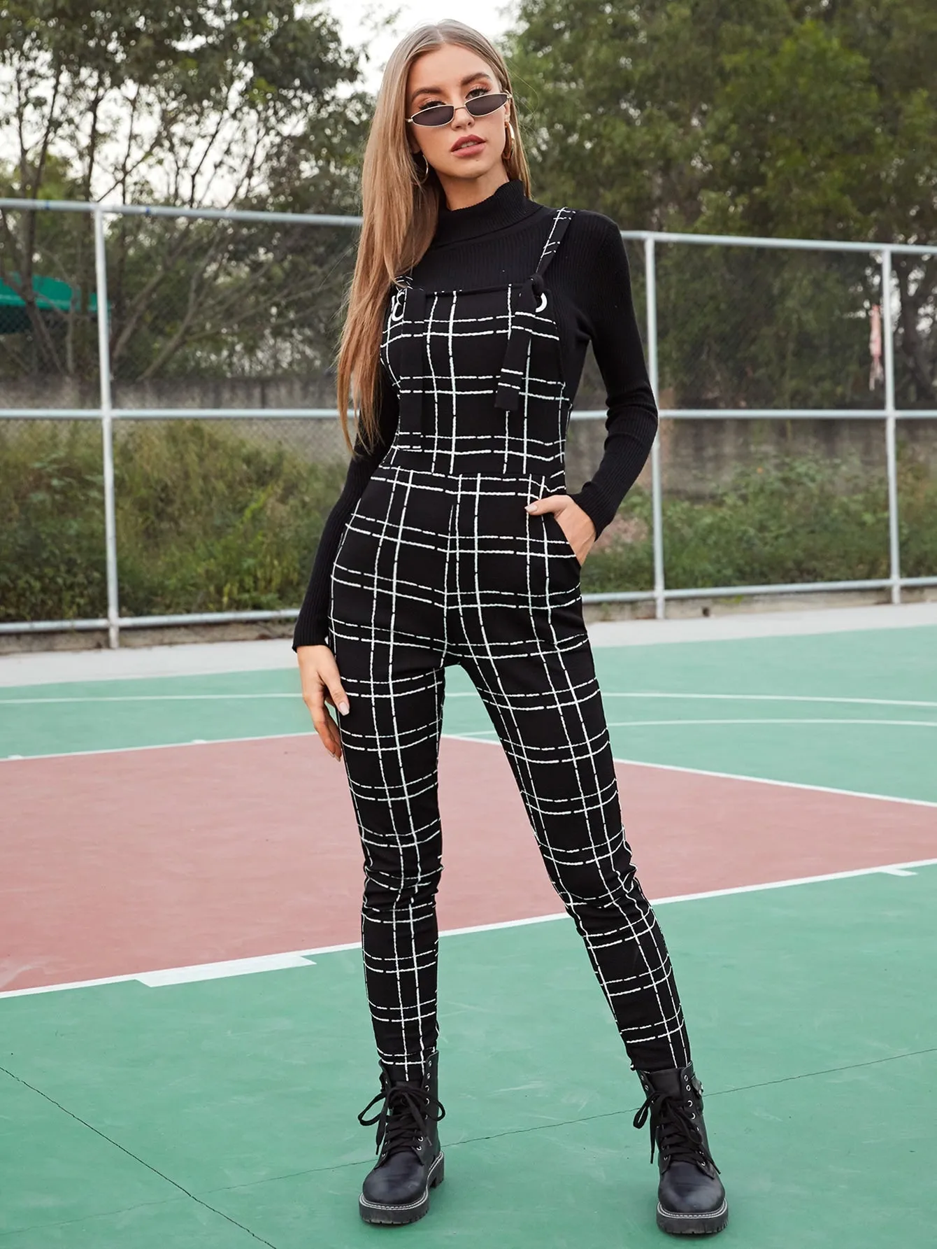 EZwear Pocket Detail Plaid Pinafore Jumpsuit Without Top