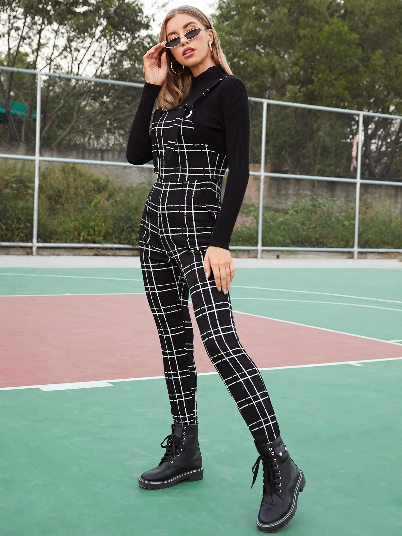 EZwear Pocket Detail Plaid Pinafore Jumpsuit Without Top