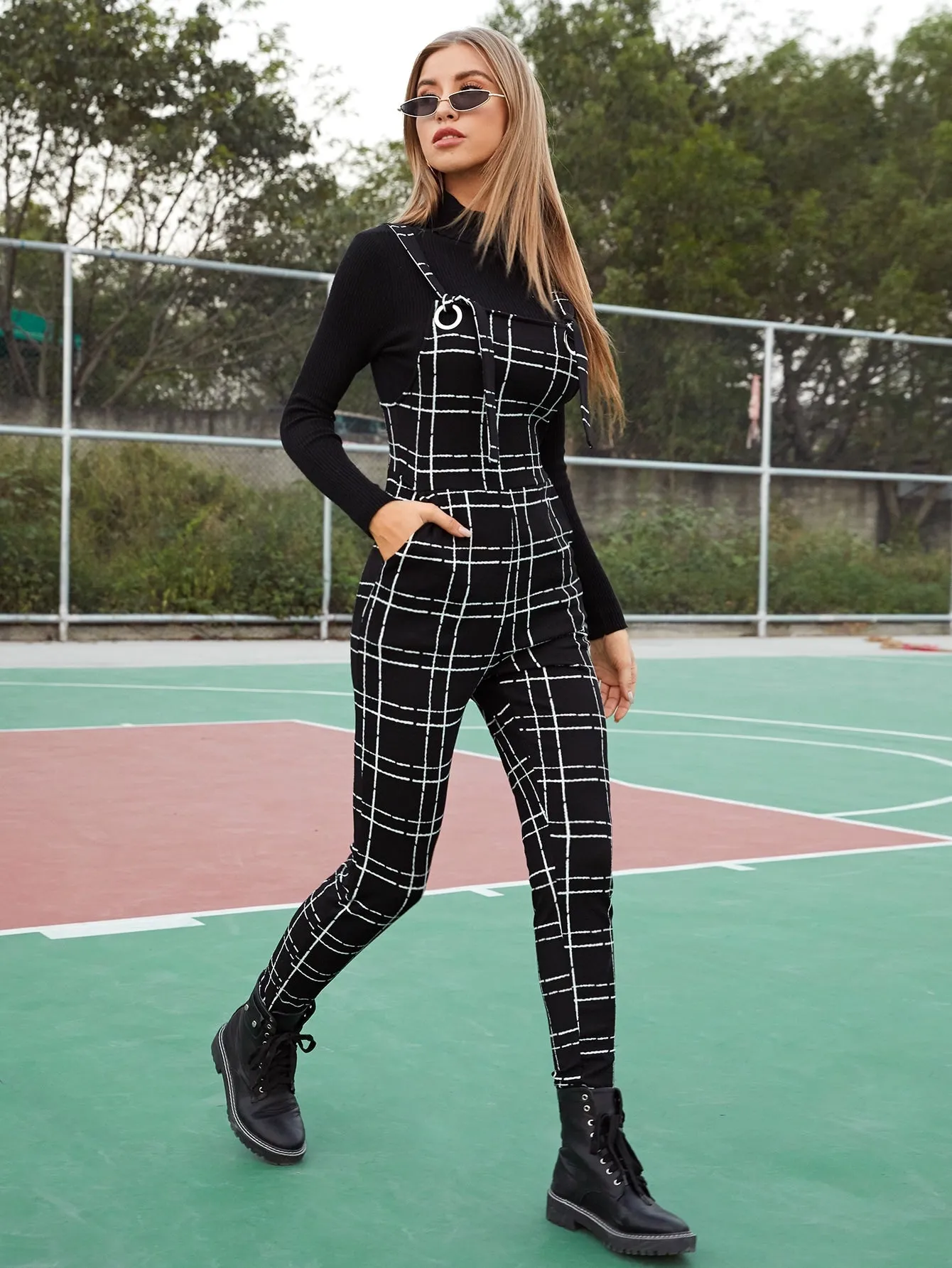 EZwear Pocket Detail Plaid Pinafore Jumpsuit Without Top