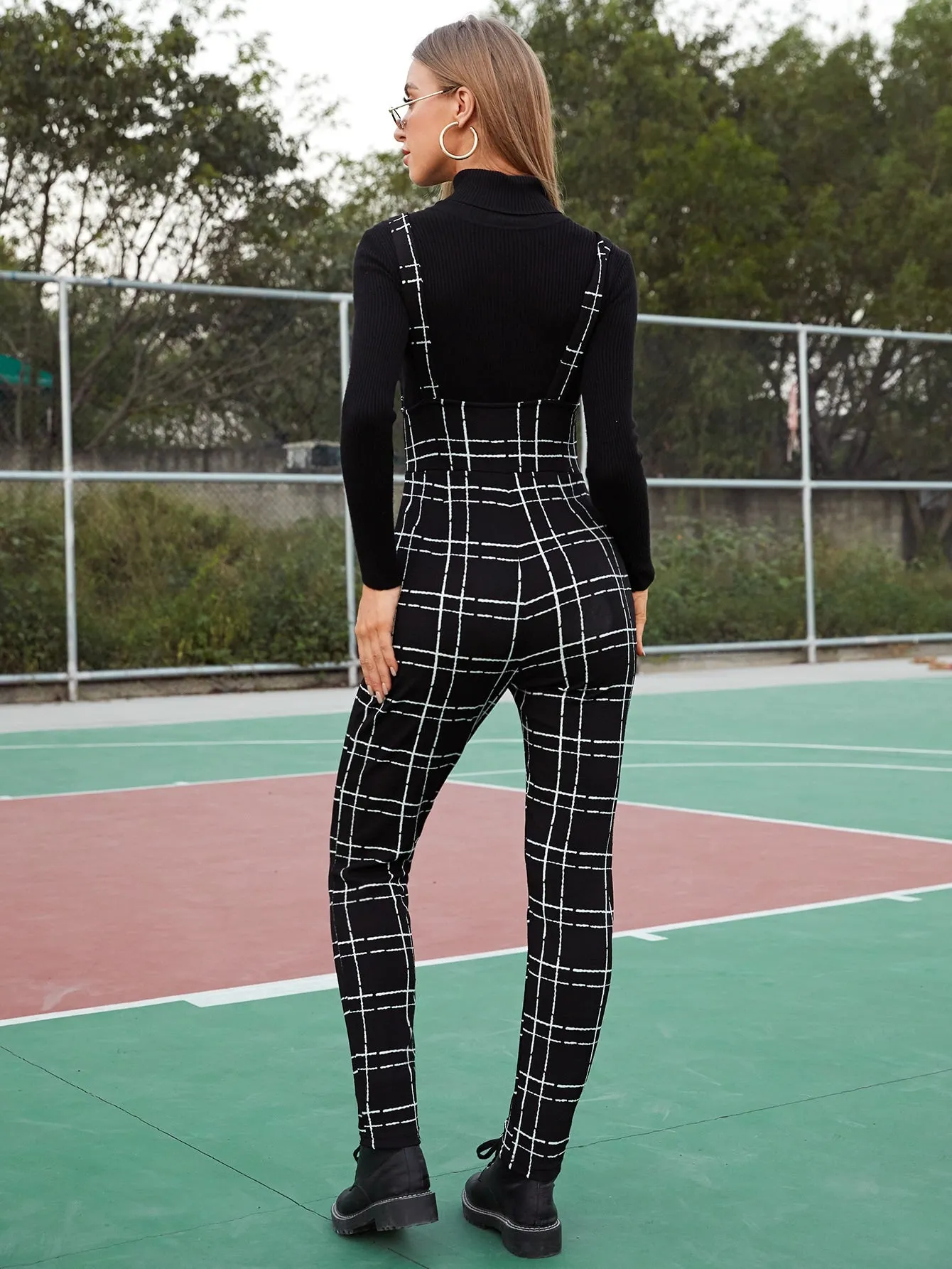 EZwear Pocket Detail Plaid Pinafore Jumpsuit Without Top
