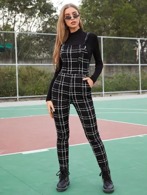 EZwear Pocket Detail Plaid Pinafore Jumpsuit Without Top