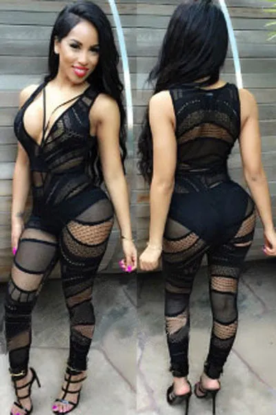 Fashion women Jumpsuit Black Lace Jumpsuits & Rompers Womens V-Neck Sheer Lace Club Catsuit