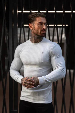 Father Sons Classic Light Grey Ribbed Knit Jumper With Silver Metal Emblem - FSH949