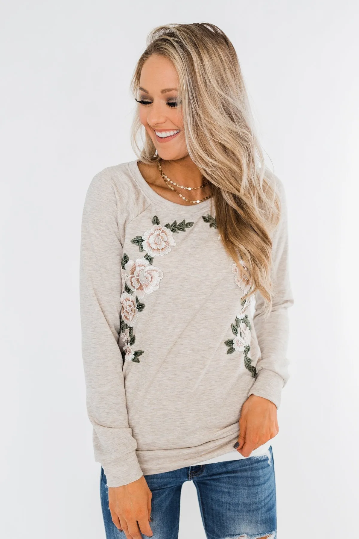 Floral Appliqué Pullover Top- Heathered Oatmeal