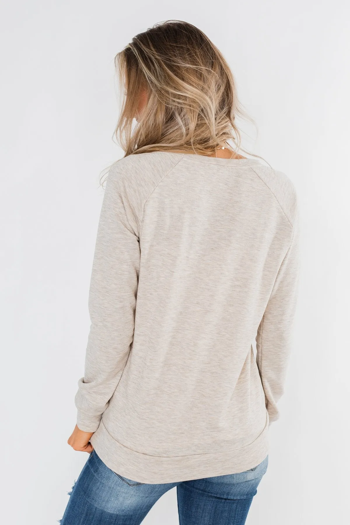 Floral Appliqué Pullover Top- Heathered Oatmeal