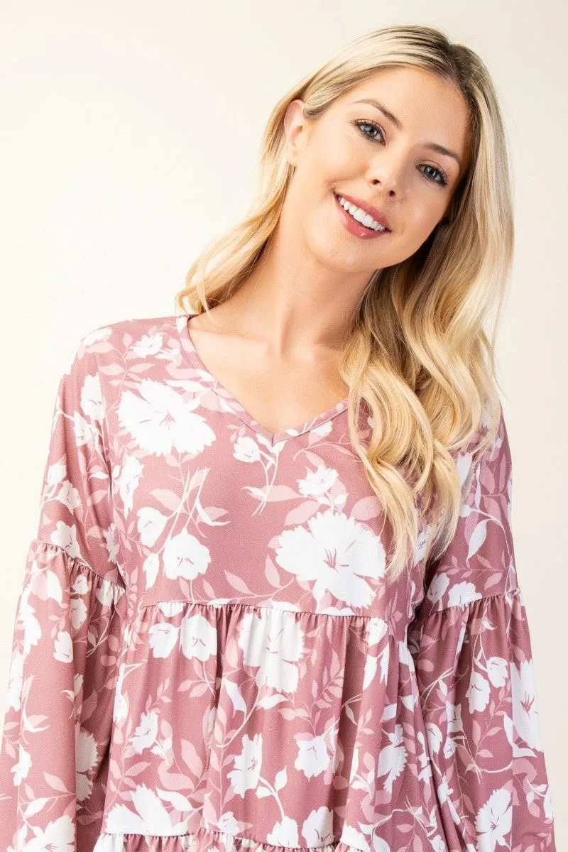 Full Size Mauve Tiered Floral V-Neck Long Sleeve Blouse