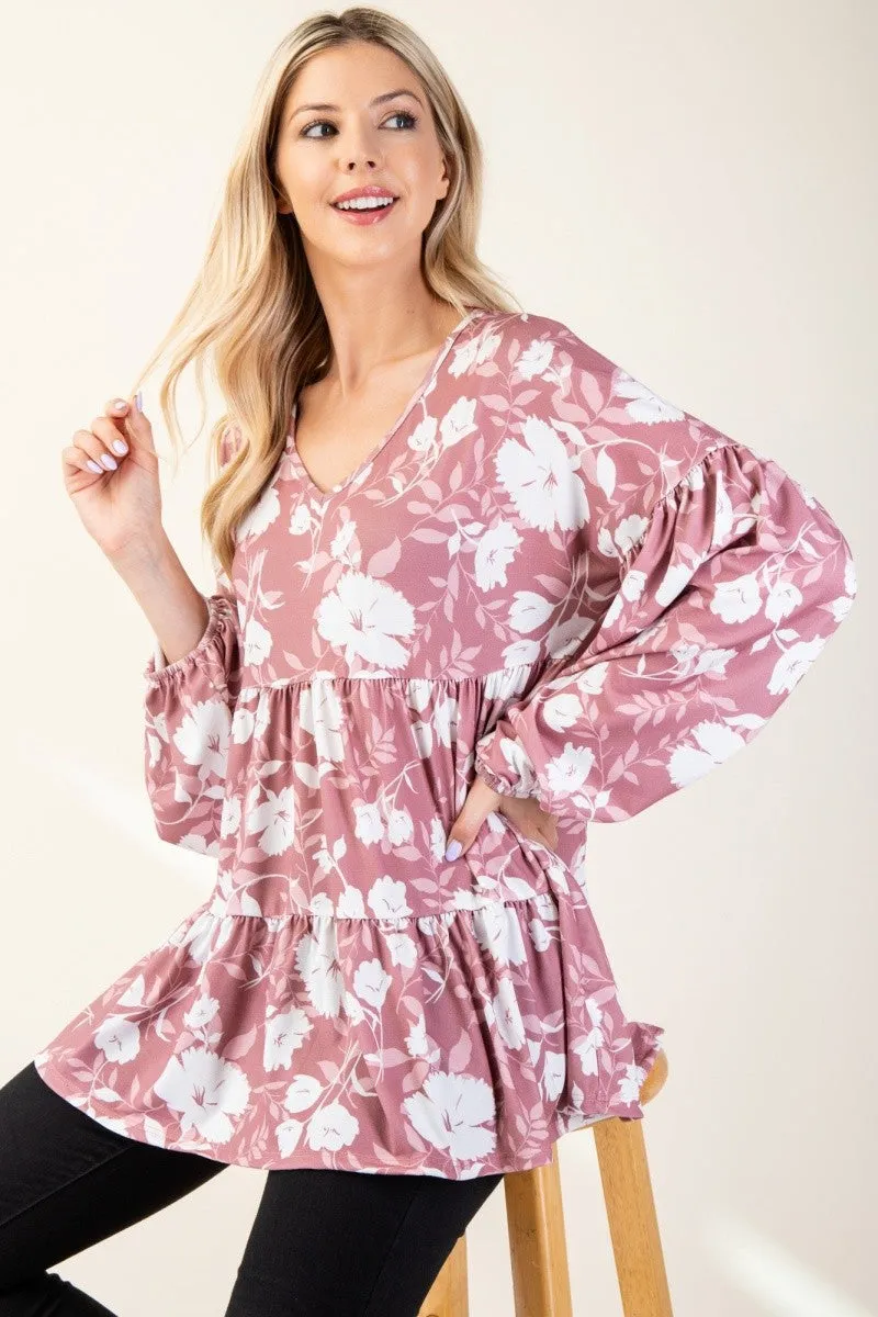 Full Size Mauve Tiered Floral V-Neck Long Sleeve Blouse