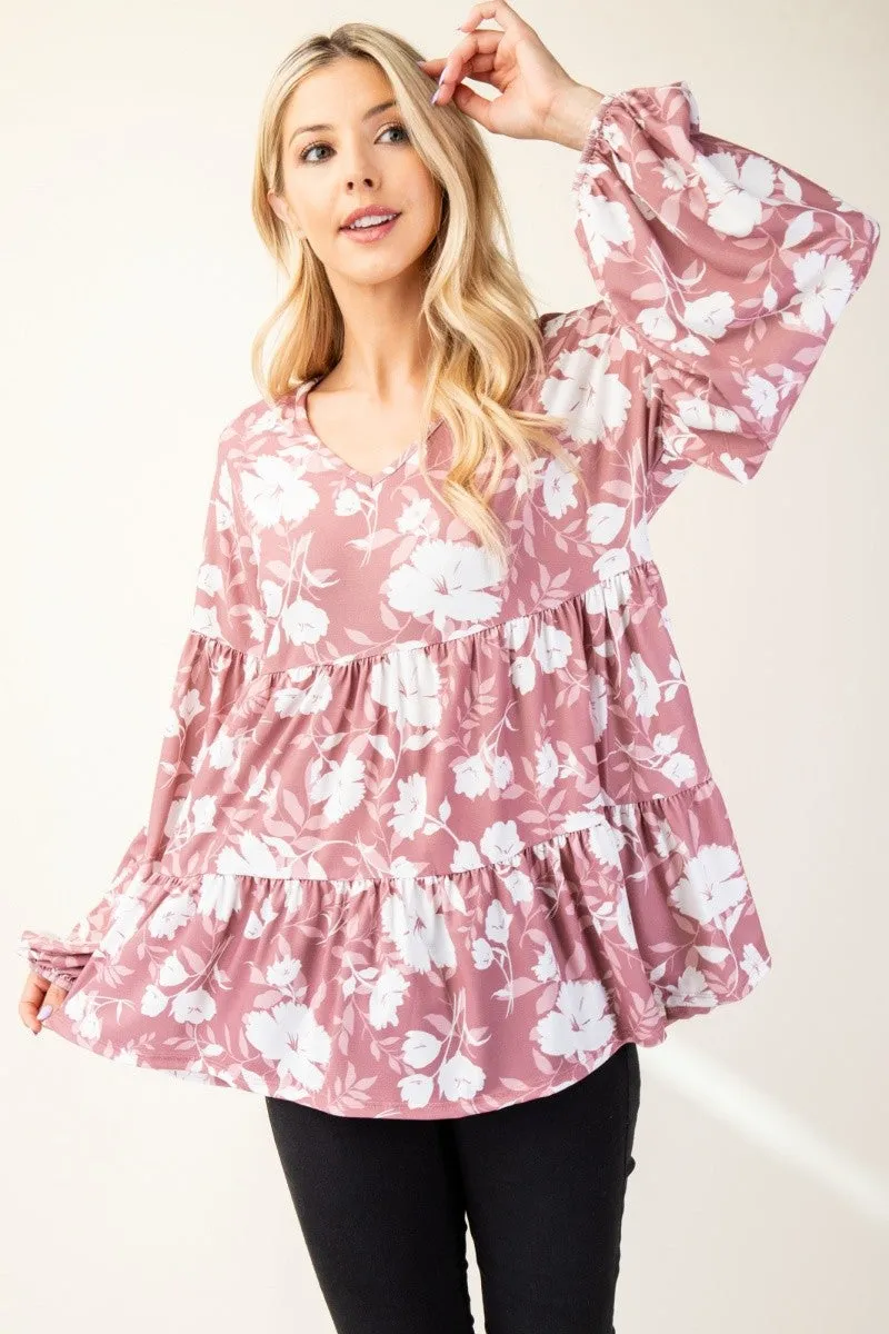 Full Size Mauve Tiered Floral V-Neck Long Sleeve Blouse
