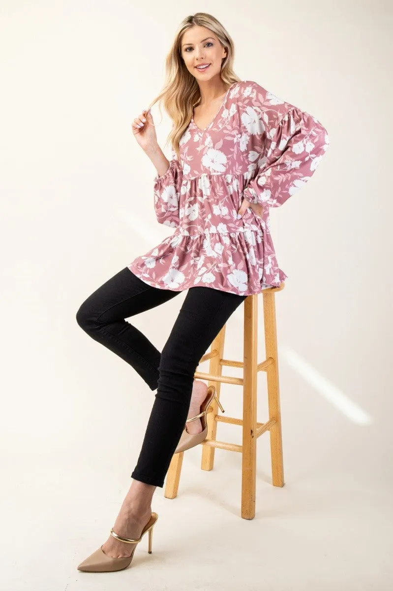 Full Size Mauve Tiered Floral V-Neck Long Sleeve Blouse