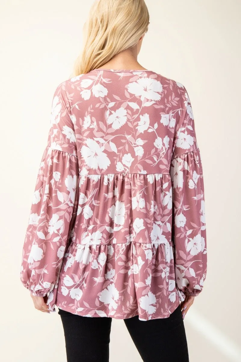 Full Size Mauve Tiered Floral V-Neck Long Sleeve Blouse