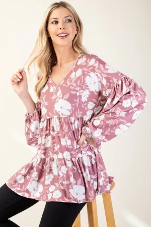 Full Size Mauve Tiered Floral V-Neck Long Sleeve Blouse
