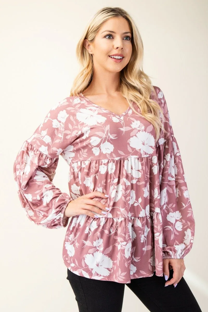 Full Size Mauve Tiered Floral V-Neck Long Sleeve Blouse