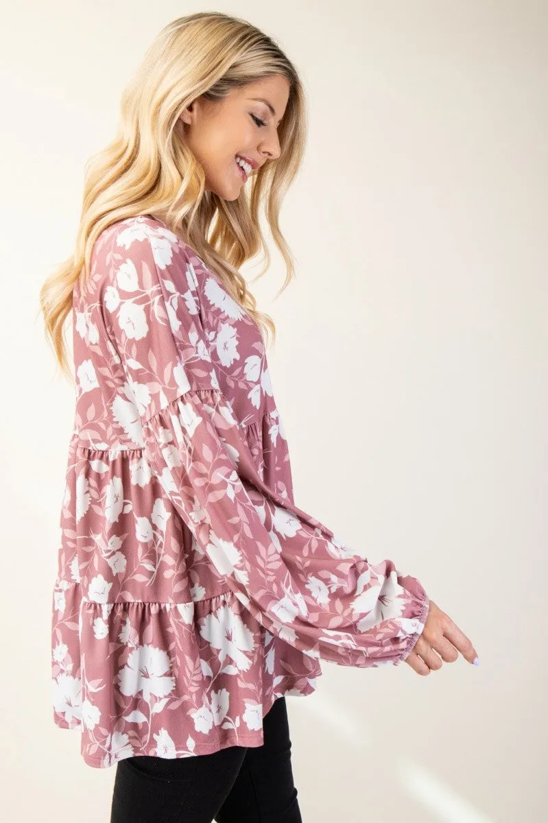 Full Size Mauve Tiered Floral V-Neck Long Sleeve Blouse
