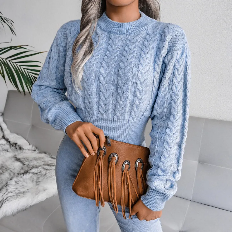 Fuse Cable Knit Cropped Long Sleeve Sweater