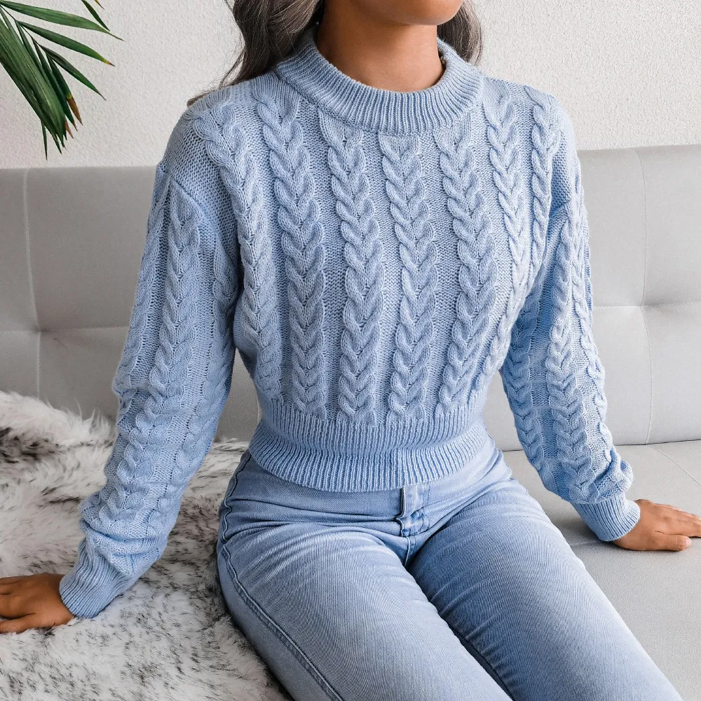 Fuse Cable Knit Cropped Long Sleeve Sweater