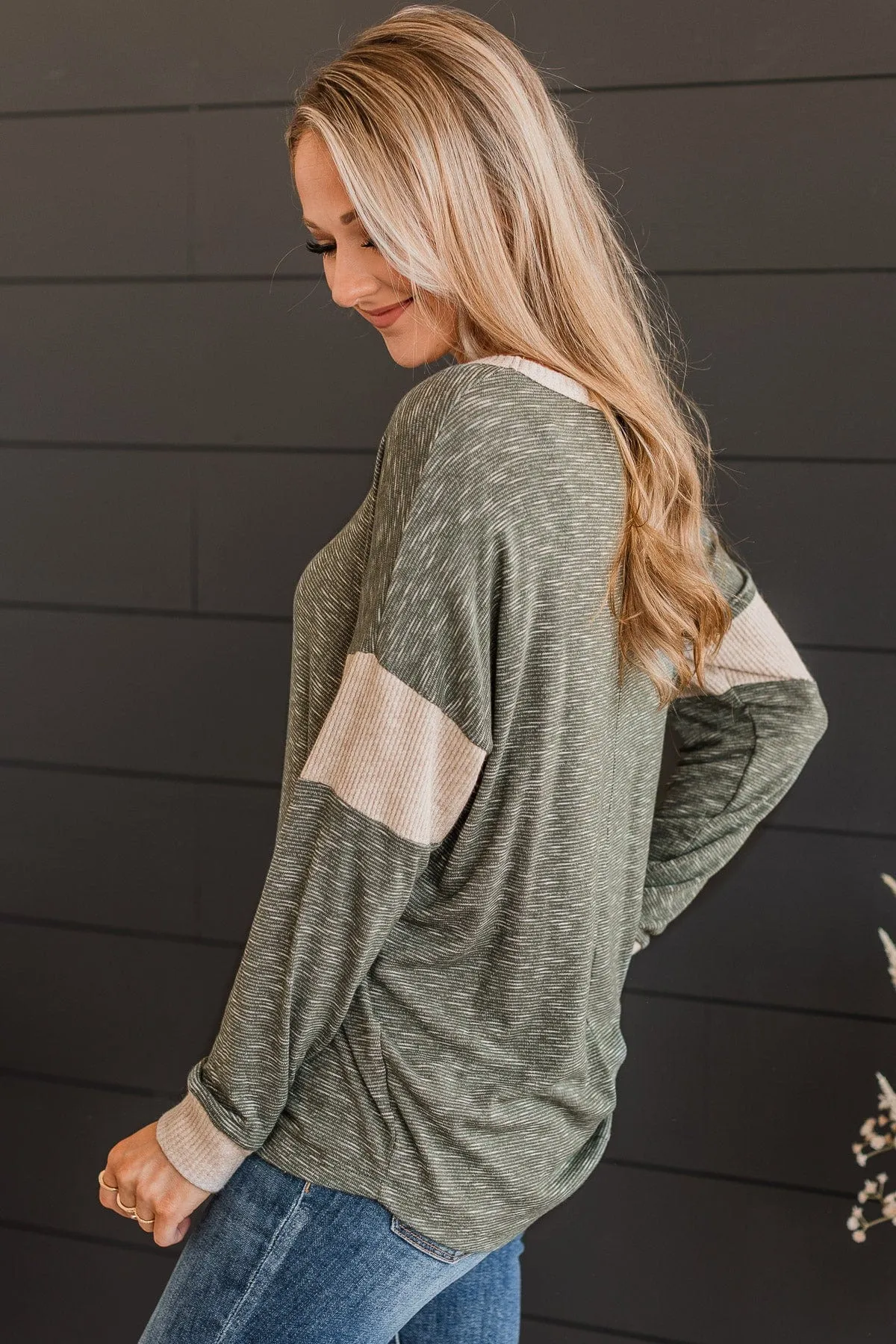 Gaze My Way Knit Top- Olive & Light Taupe