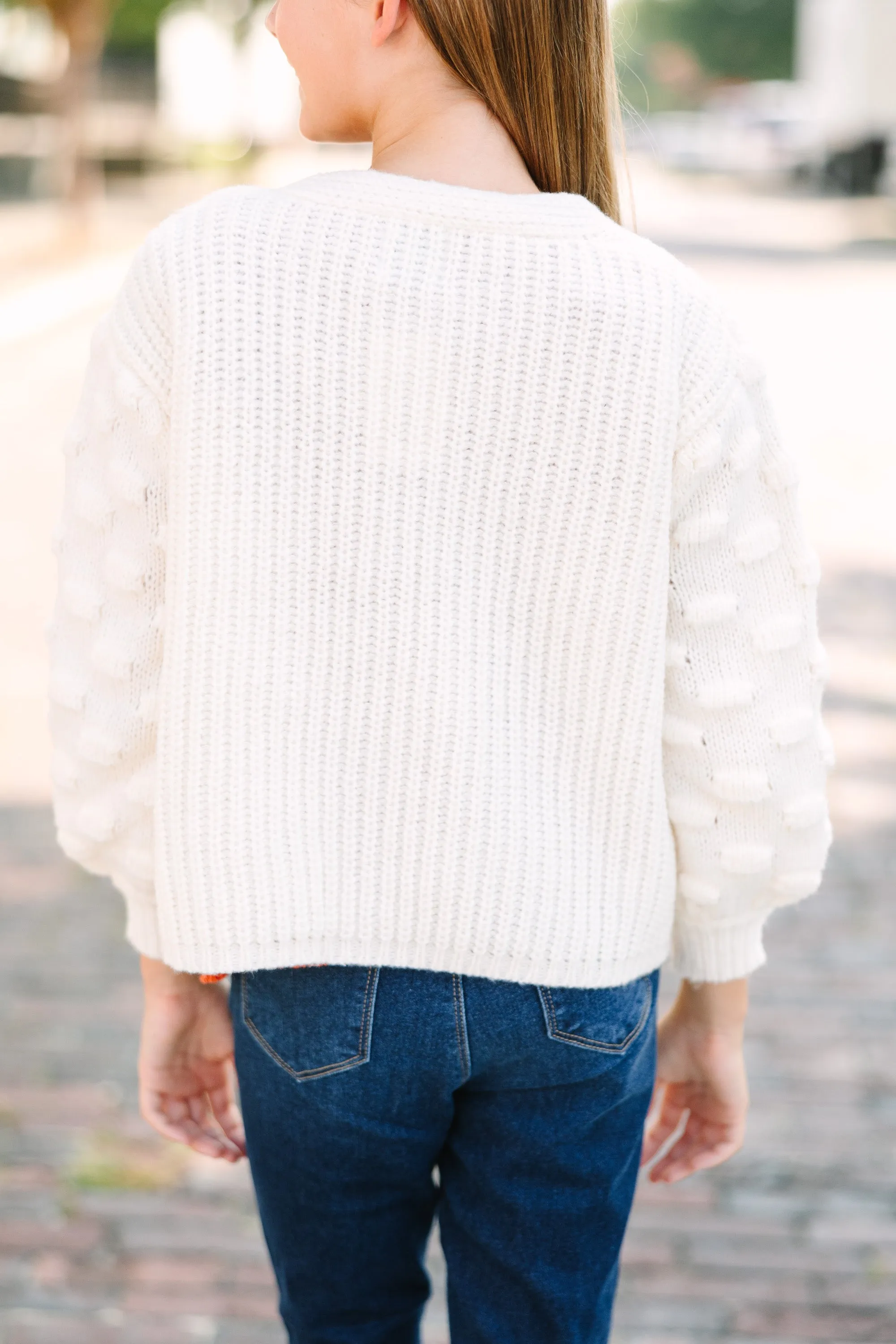 Girls: Make Your Day Ivory White Pompom Cardigan