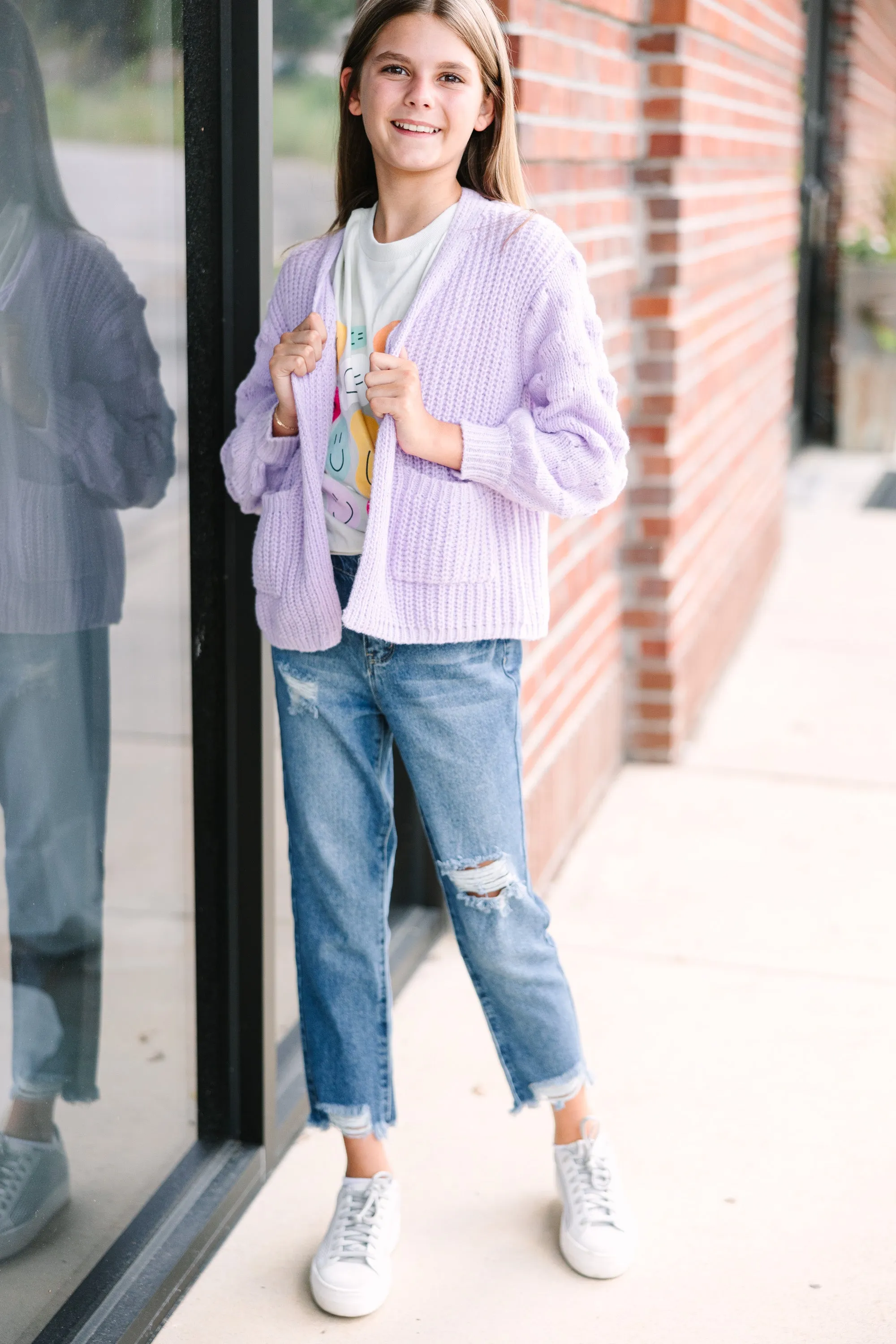 Girls: Make Your Day Lavender Purple Pompom Cardigan