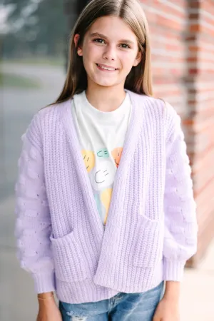 Girls: Make Your Day Lavender Purple Pompom Cardigan