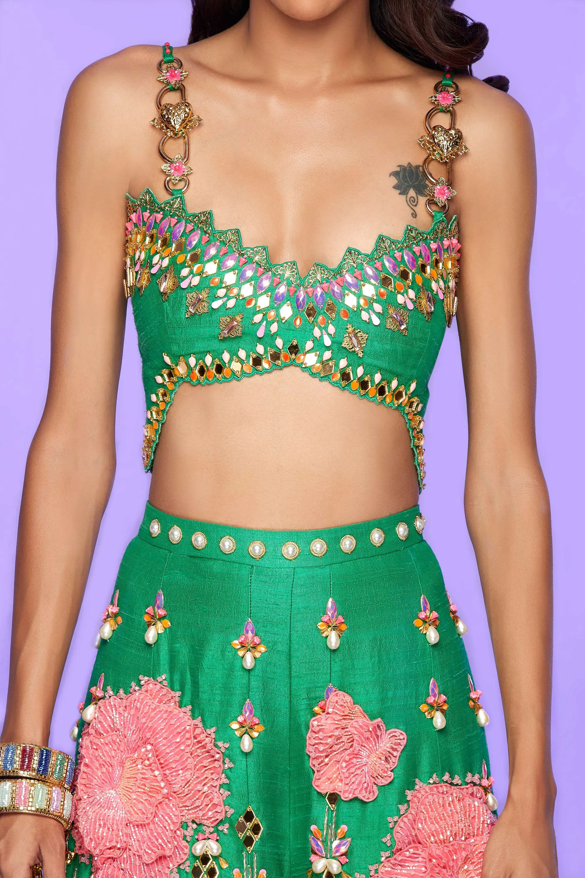 Green Embellished Half Jumpsuit