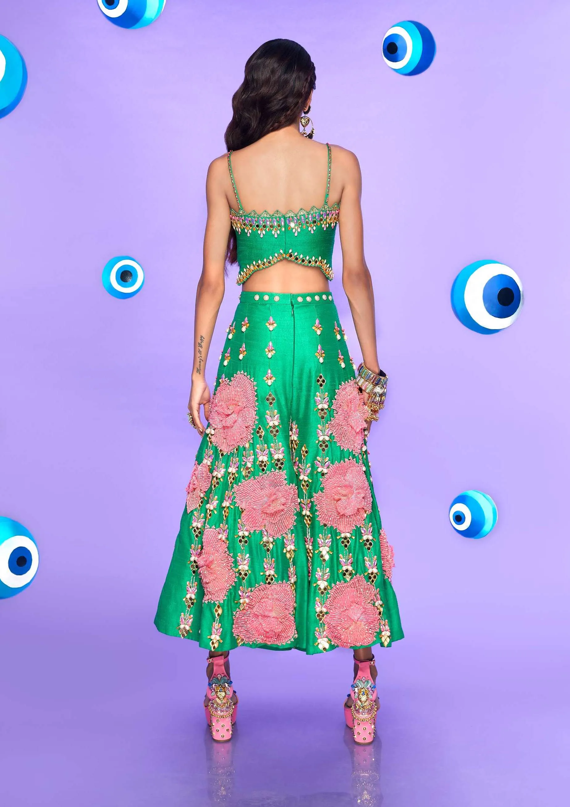 Green Embellished Half Jumpsuit
