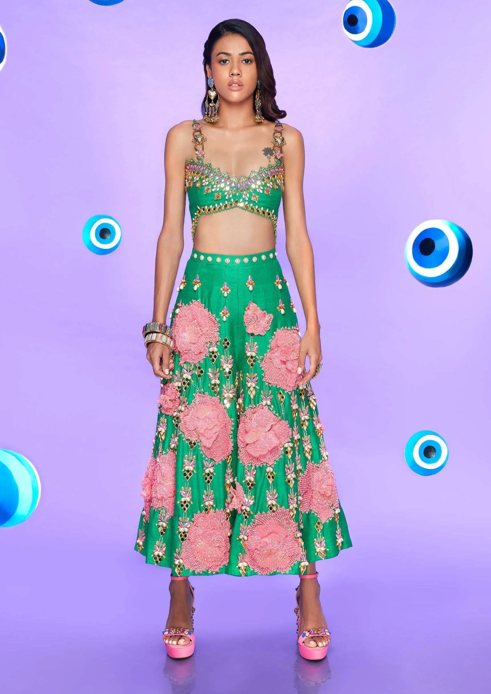 Green Embellished Half Jumpsuit