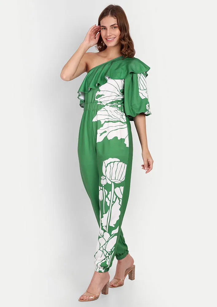 Green Floral Print One Shoulder Ruffle Design Jumpsuit