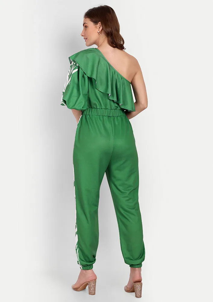 Green Floral Print One Shoulder Ruffle Design Jumpsuit