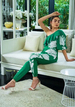 Green Floral Print One Shoulder Ruffle Design Jumpsuit