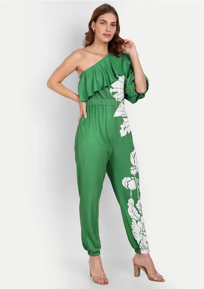 Green Floral Print One Shoulder Ruffle Design Jumpsuit