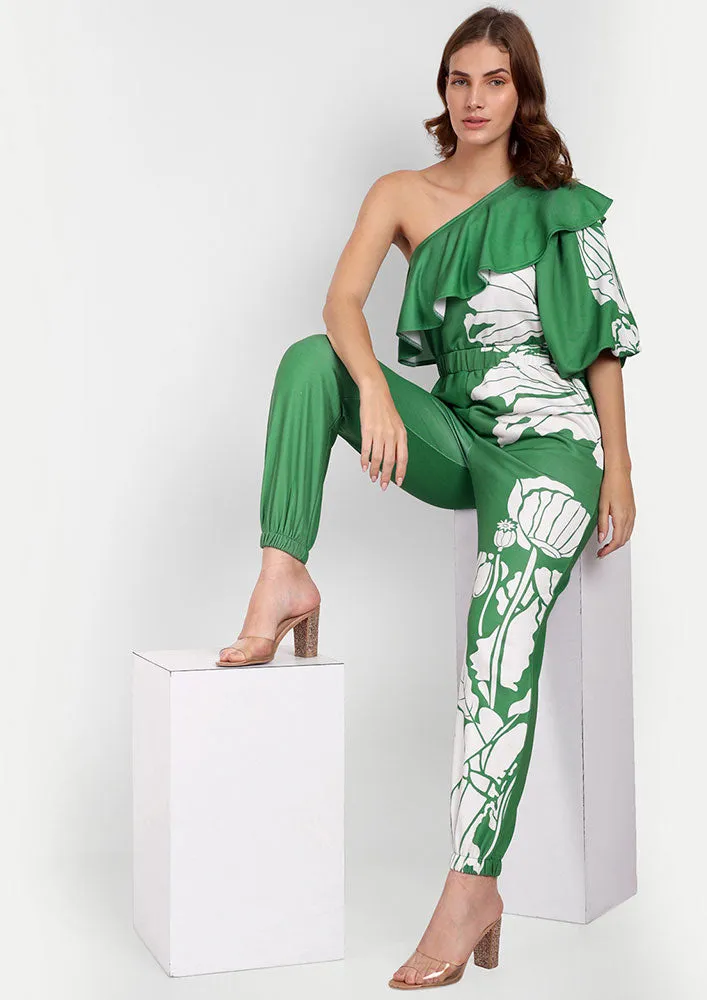 Green Floral Print One Shoulder Ruffle Design Jumpsuit