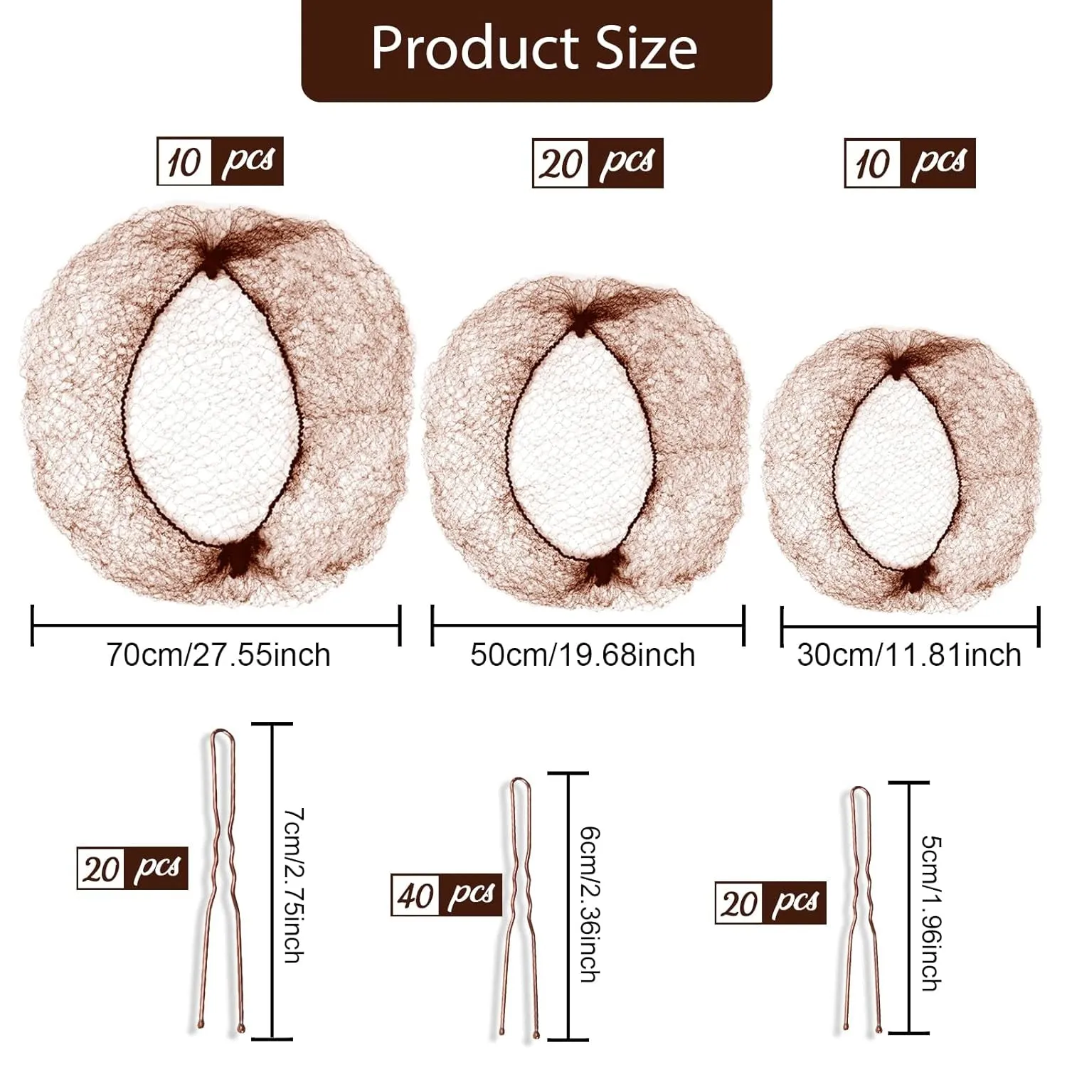 Hair Accessories Hair Net Set, Includes 40Pcs Invisible Hair Nets for Ballet Recital & 80Pcs Bobby Pins for Bun Maker, Brown, 3 Size