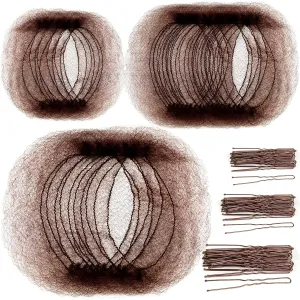 Hair Accessories Hair Net Set, Includes 40Pcs Invisible Hair Nets for Ballet Recital & 80Pcs Bobby Pins for Bun Maker, Brown, 3 Size