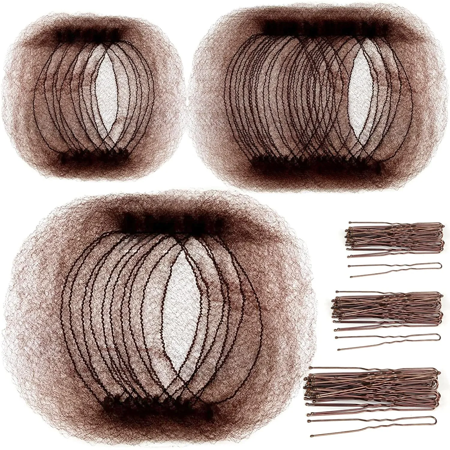 Hair Accessories Hair Net Set, Includes 40Pcs Invisible Hair Nets for Ballet Recital & 80Pcs Bobby Pins for Bun Maker, Brown, 3 Size