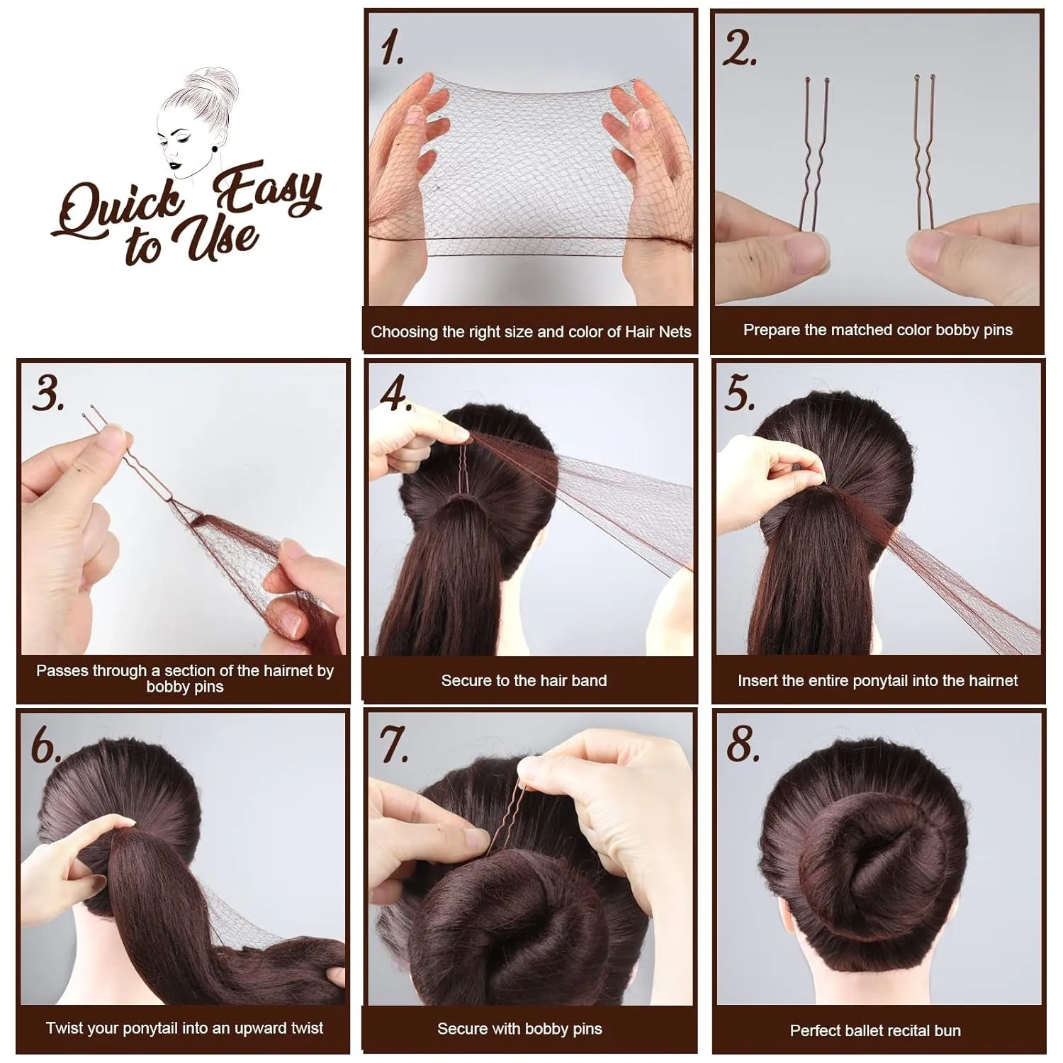 Hair Accessories Hair Net Set, Includes 40Pcs Invisible Hair Nets for Ballet Recital & 80Pcs Bobby Pins for Bun Maker, Brown, 3 Size