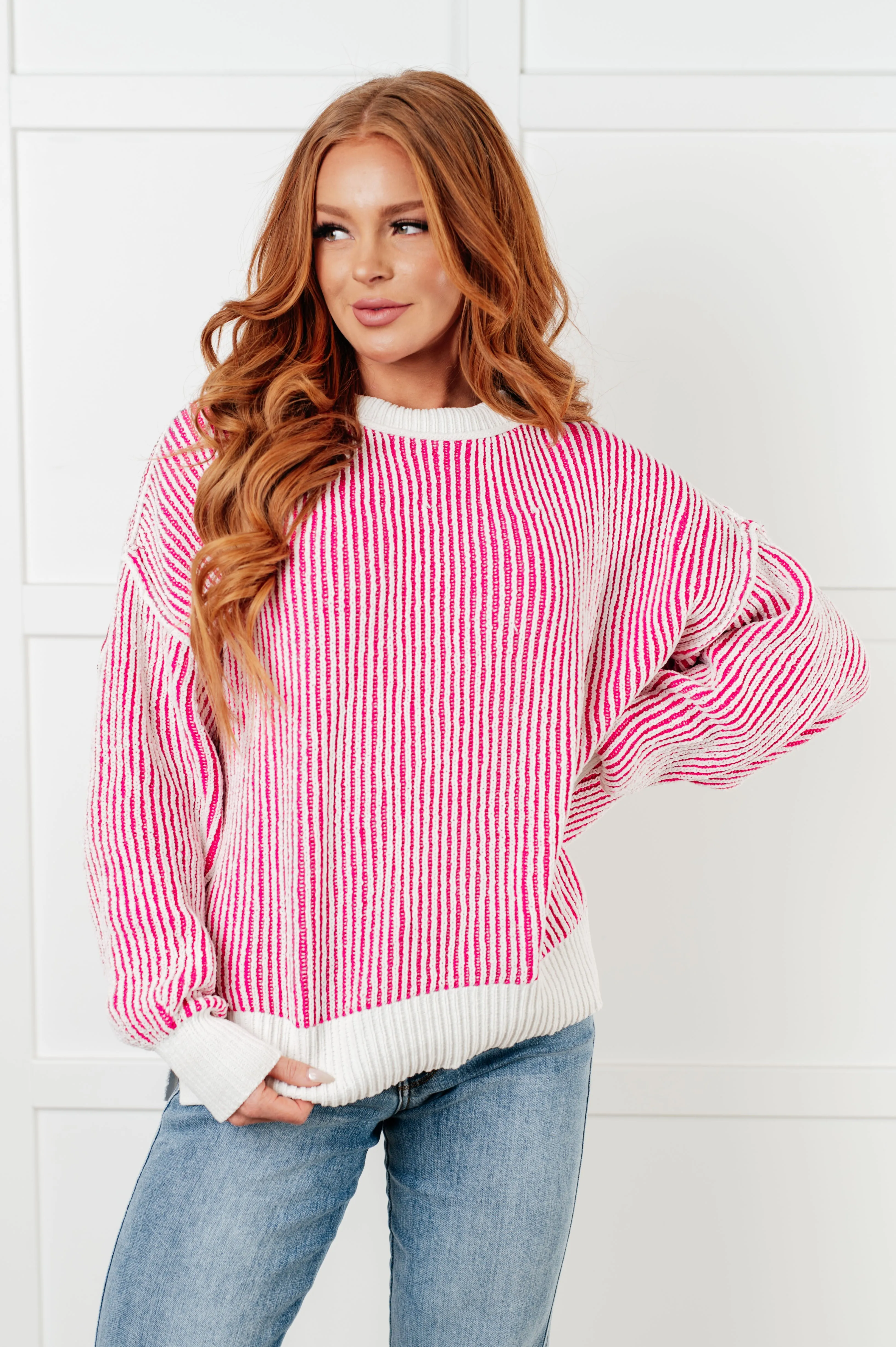 Hazel Blues® |  Least High Maintenance Contrast Trim Sweater in Pink