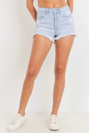 High Rise Hi-Low Hem Stretch Destroyed Jean Shorts