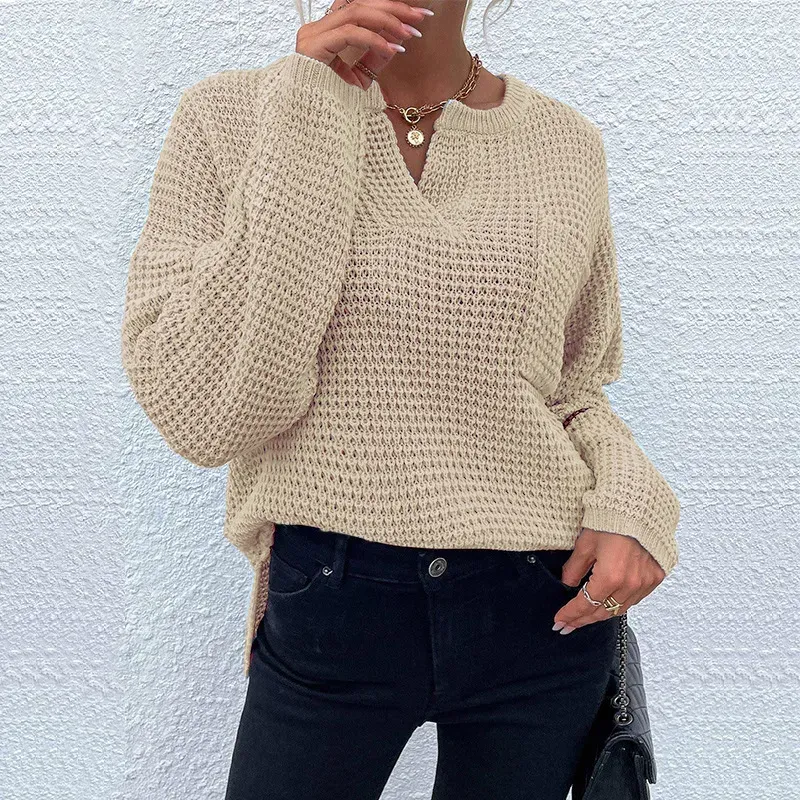 Horizon Waffle Knit V-Neck Long Sleeve Sweater