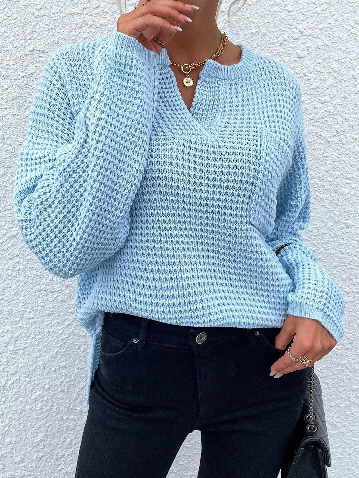 Horizon Waffle Knit V-Neck Long Sleeve Sweater