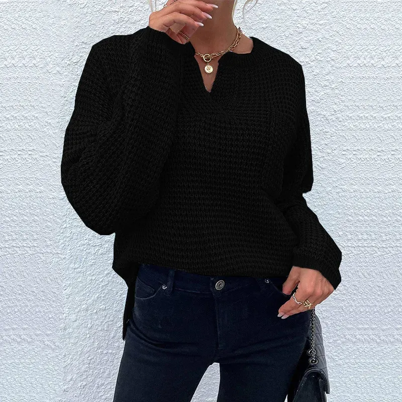 Horizon Waffle Knit V-Neck Long Sleeve Sweater