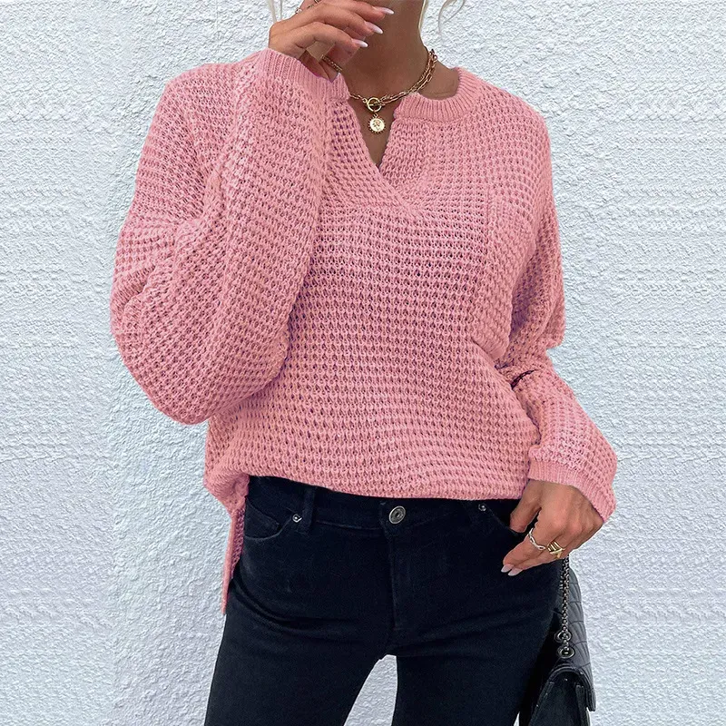 Horizon Waffle Knit V-Neck Long Sleeve Sweater