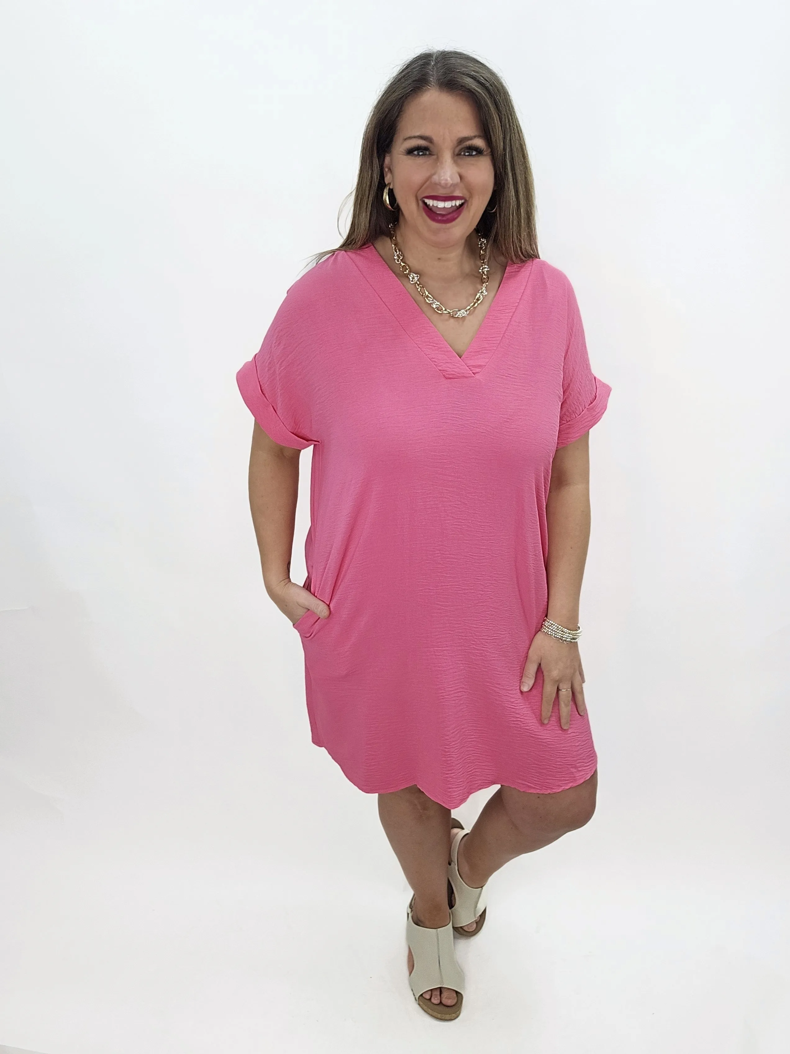 HOT PINK V NECK AIR FLOW SHORT SLEEVE DRESS
