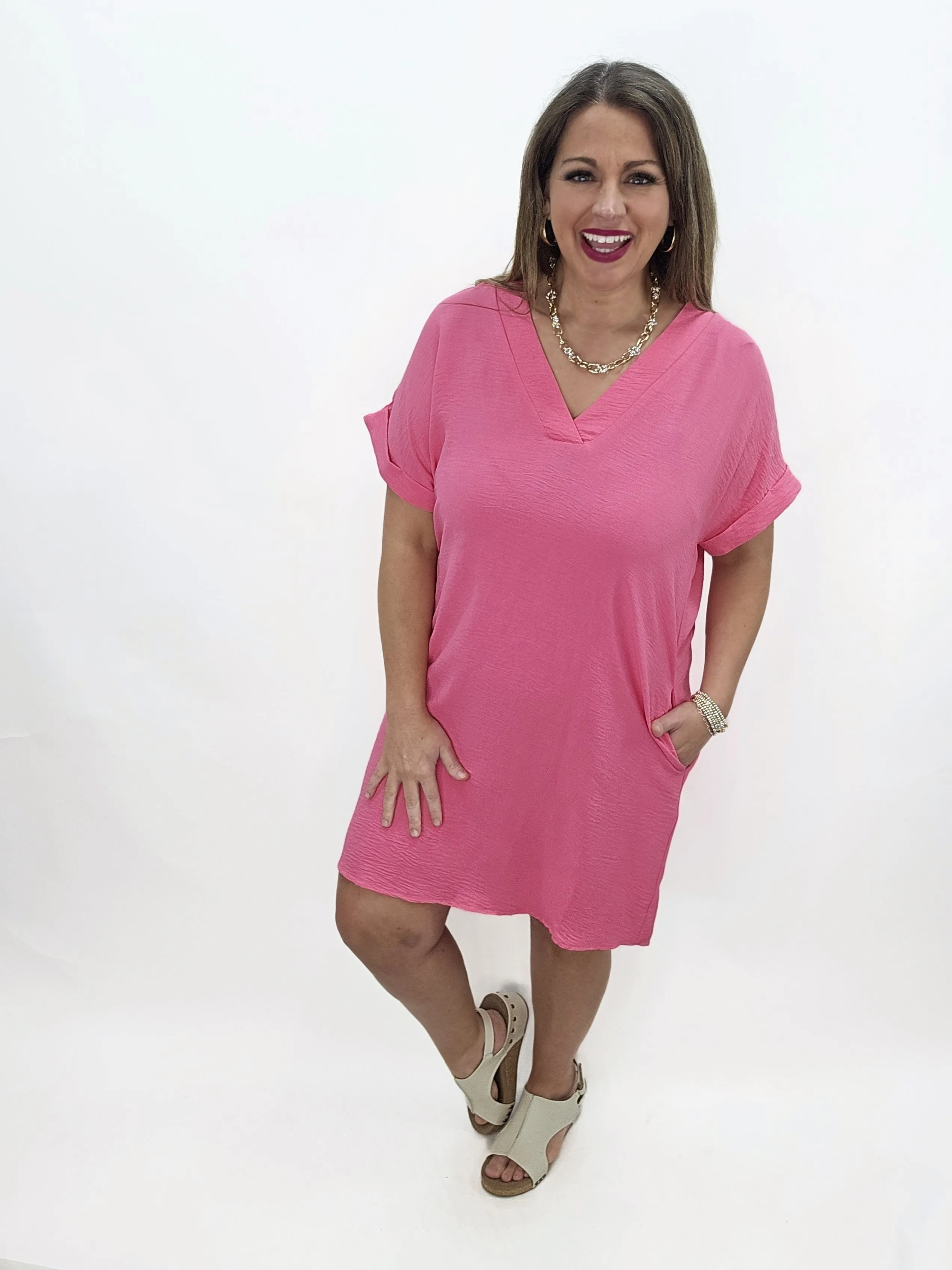 HOT PINK V NECK AIR FLOW SHORT SLEEVE DRESS