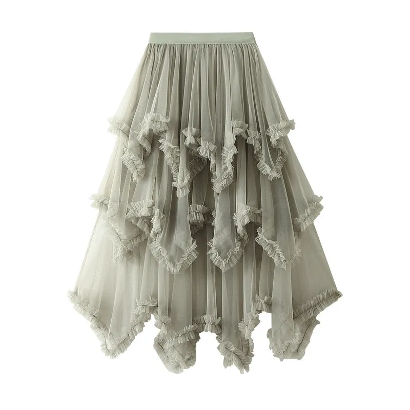 Irregular Mesh Skirt Mid-length High Waist Skirt with Ruffle Trim