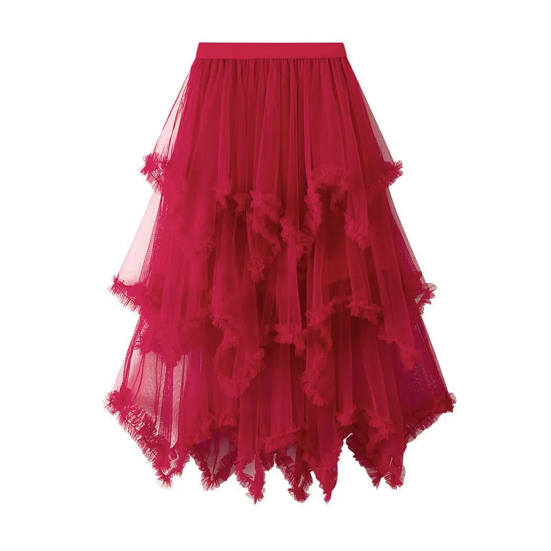 Irregular Mesh Skirt Mid-length High Waist Skirt with Ruffle Trim