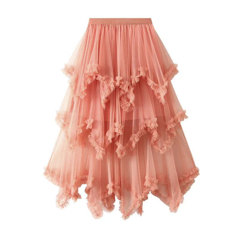 Irregular Mesh Skirt Mid-length High Waist Skirt with Ruffle Trim