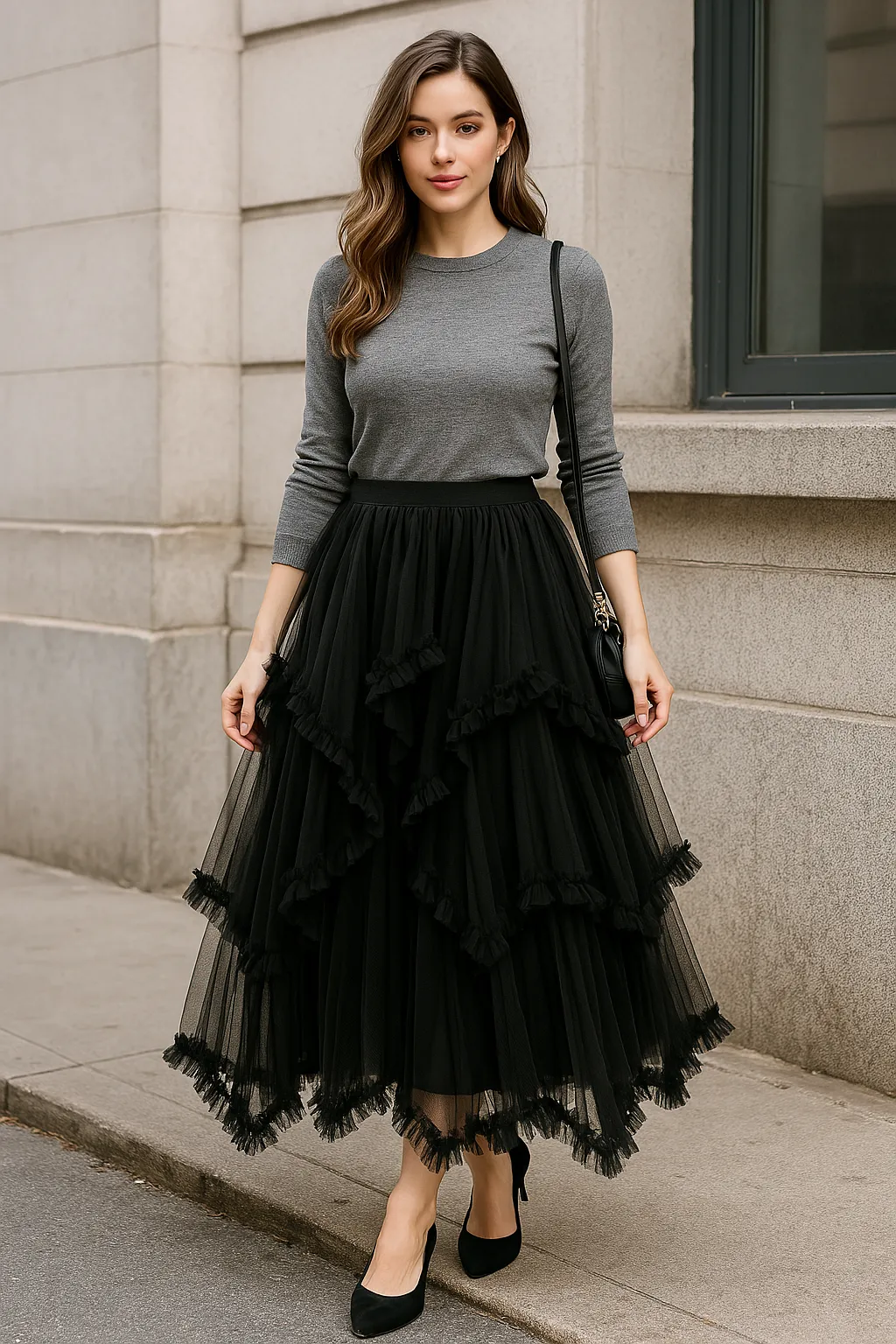 Irregular Mesh Skirt Mid-length High Waist Skirt with Ruffle Trim