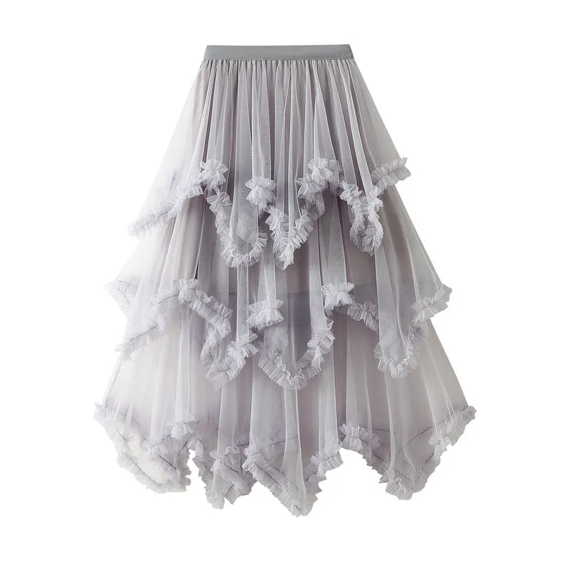 Irregular Mesh Skirt Mid-length High Waist Skirt with Ruffle Trim