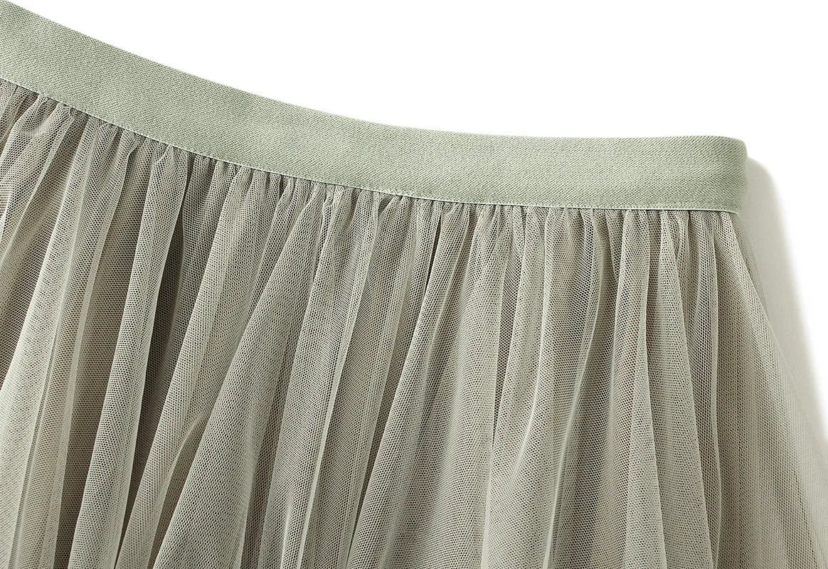 Irregular Mesh Skirt Mid-length High Waist Skirt with Ruffle Trim
