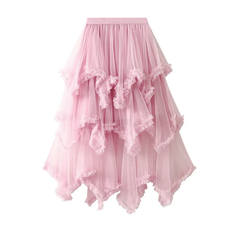 Irregular Mesh Skirt Mid-length High Waist Skirt with Ruffle Trim